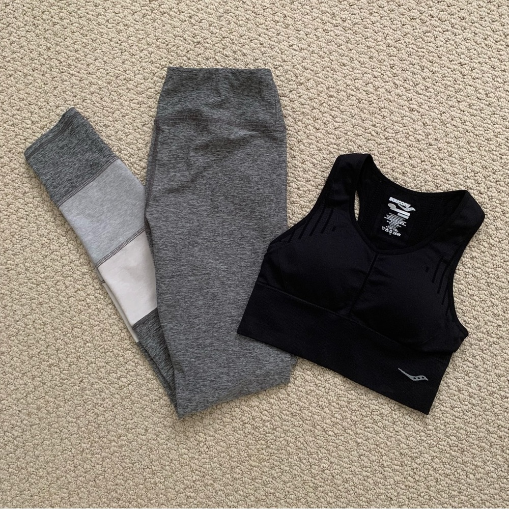 Saucony 2-pc gray black legging sports bra tank top workout set